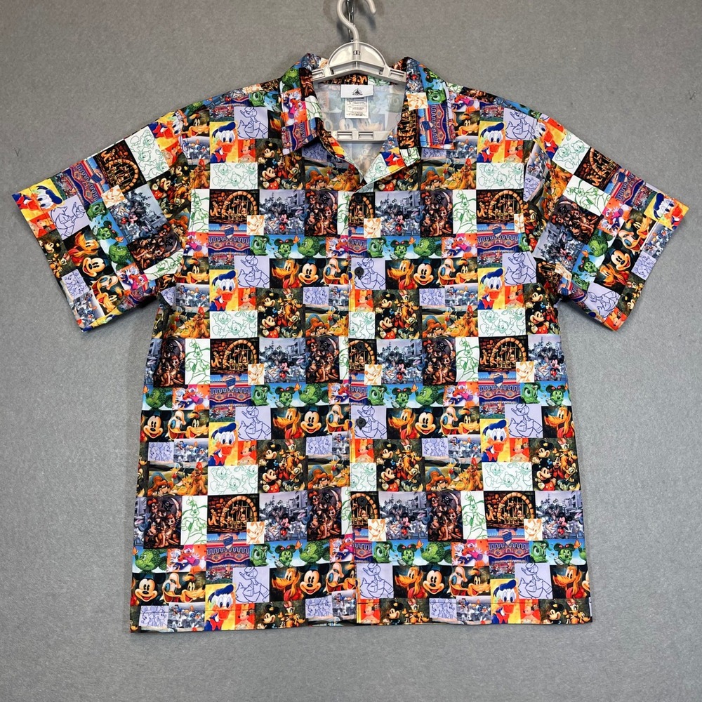 Disney Parks Shirt Men Large Hawaiian Colorful Patchwork Characters Mickey Goofy